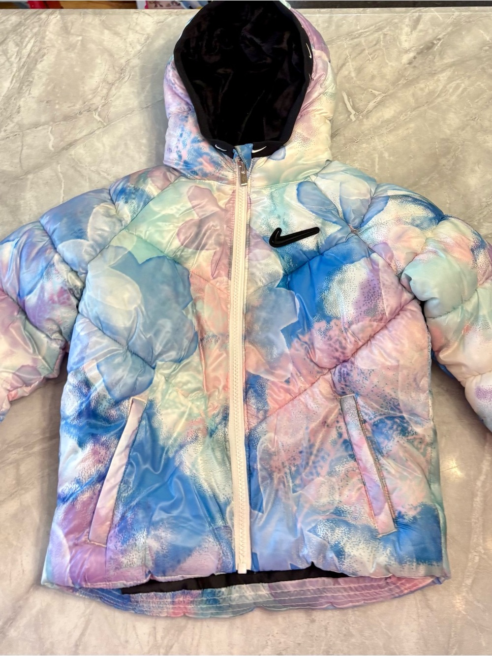 Nike Girls' Pastel Blue Pink Purple Tie-Dye Puffer Jacket with Hood Size 4T